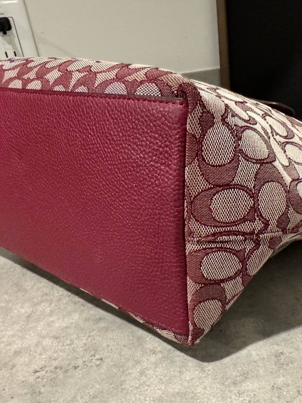 Coach Signature Jacquard Zip Tote Bag with Burgundy Leather Trim (Style 5106) - Picture 4 of 10